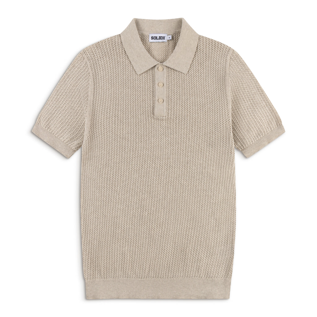 AirKnit Oat Beige Pointelle Textured Knit Polo