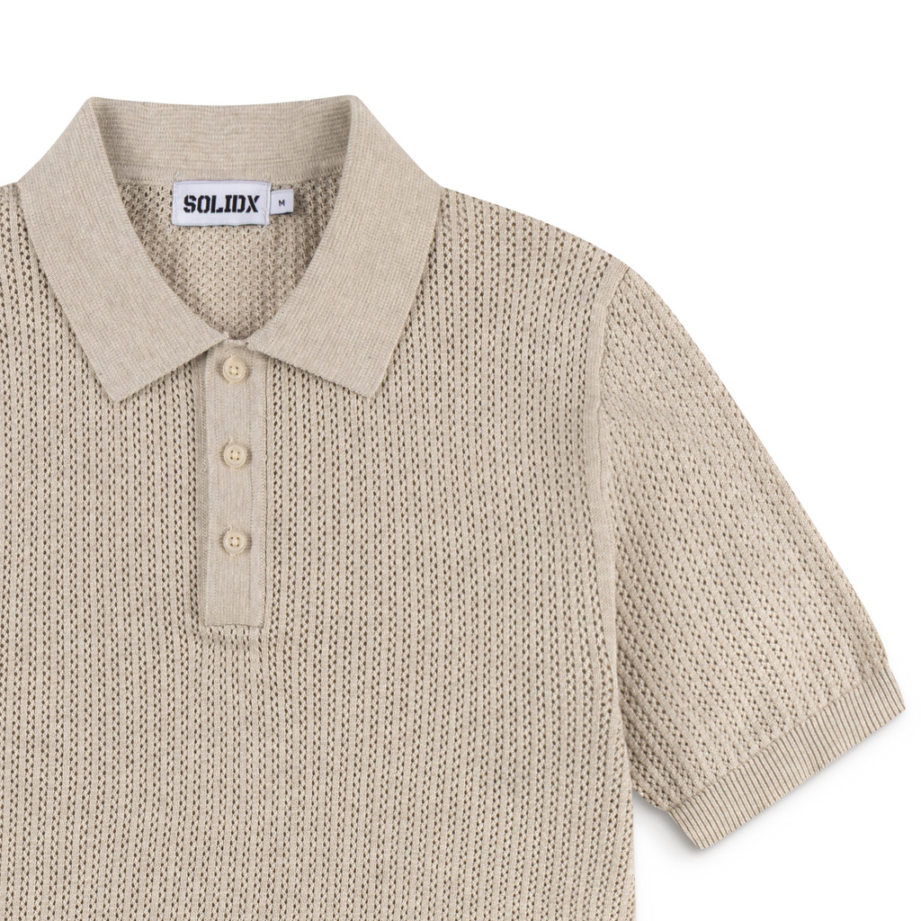 AirKnit Oat Beige Pointelle Textured Knit Polo